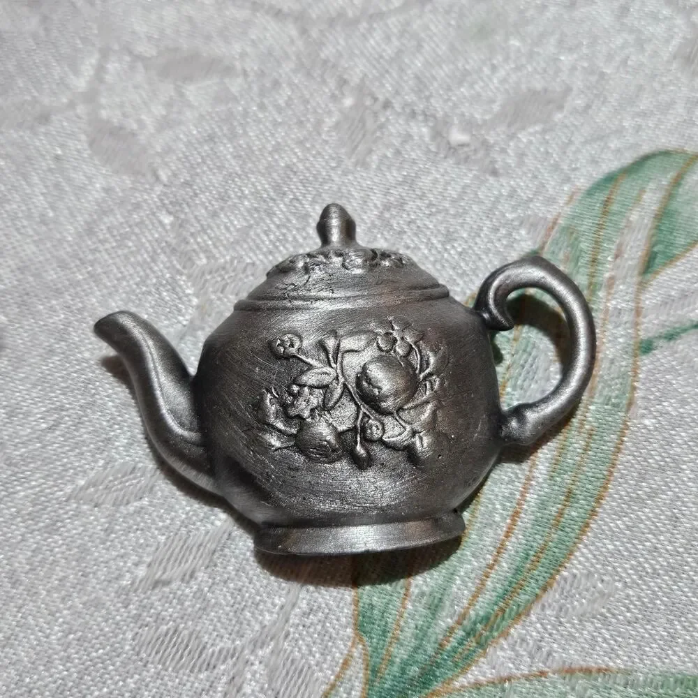 vintage whimsical coquette teapot pewter brooch
